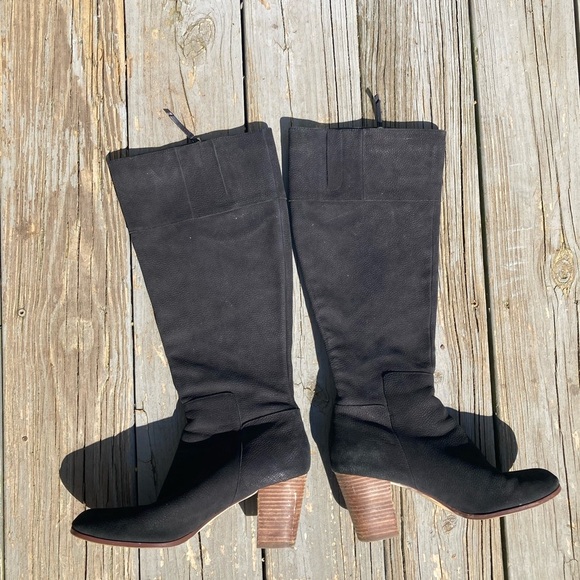 Cole Haan Davenport Tall Black Pebbled Nubuck Leather Stacked Block Heel Boots - Picture 5 of 9